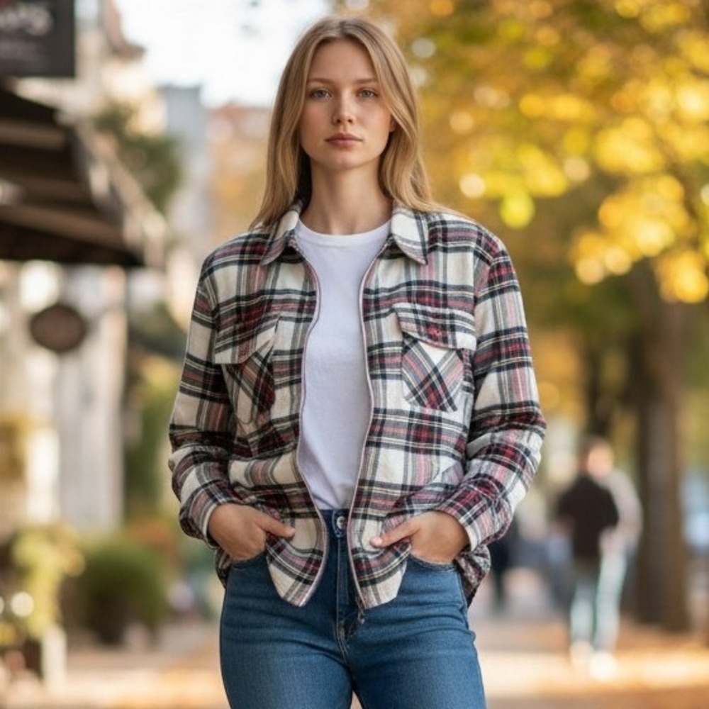 Chaps Womens XXL Plaid Zip Up Flannel Shirt Jacket Cotton Cream Red Navy Shacket